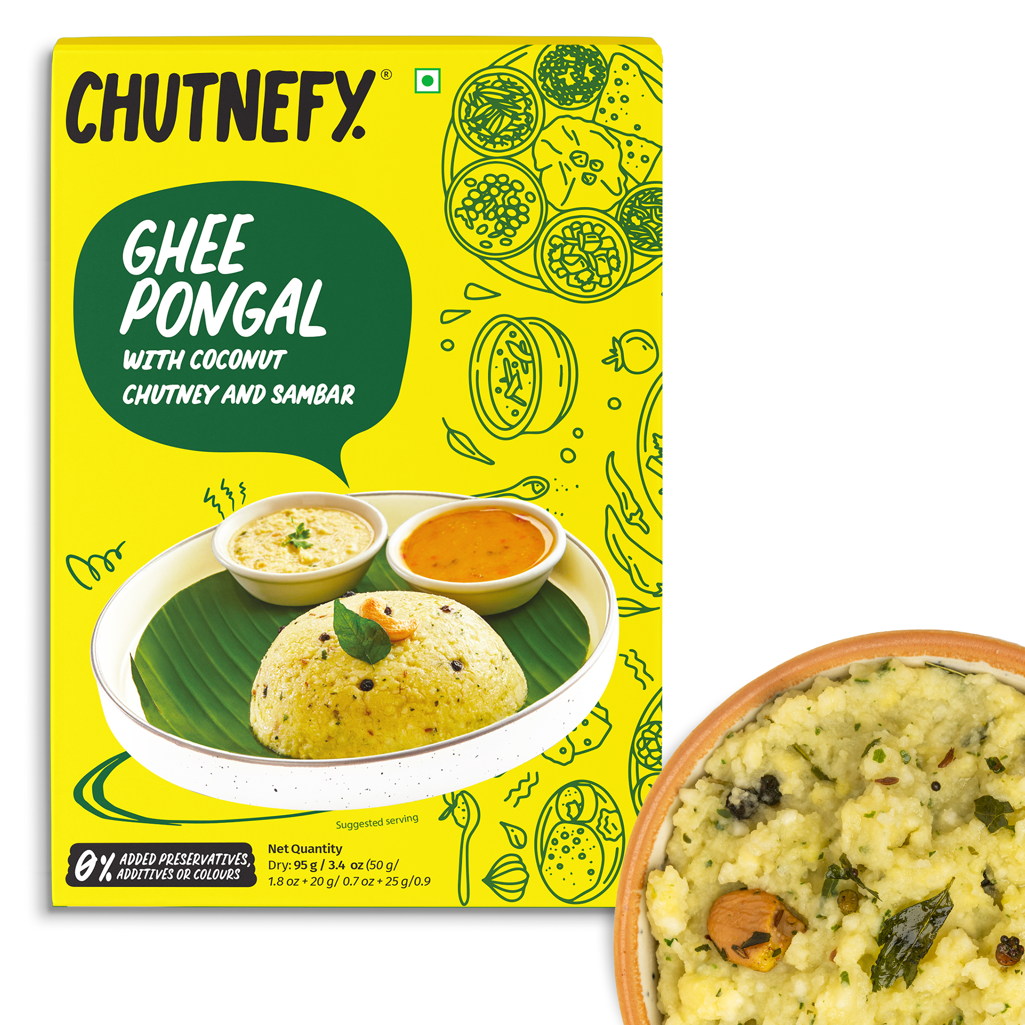 Ghee Pongal (With Coconut Chutney and Sambar) |  Serves 1-2