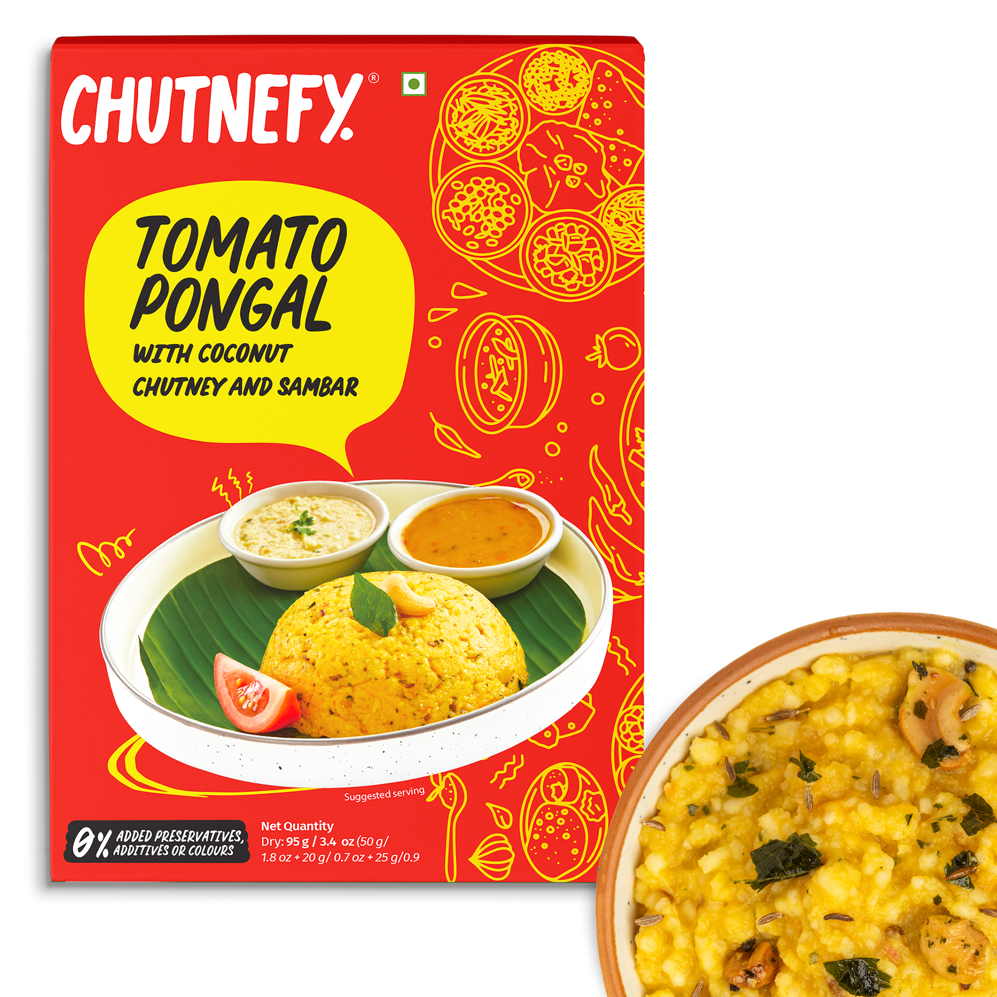 Tomato Pongal (With Coconut Chutney and Sambar) | Serves 1-2