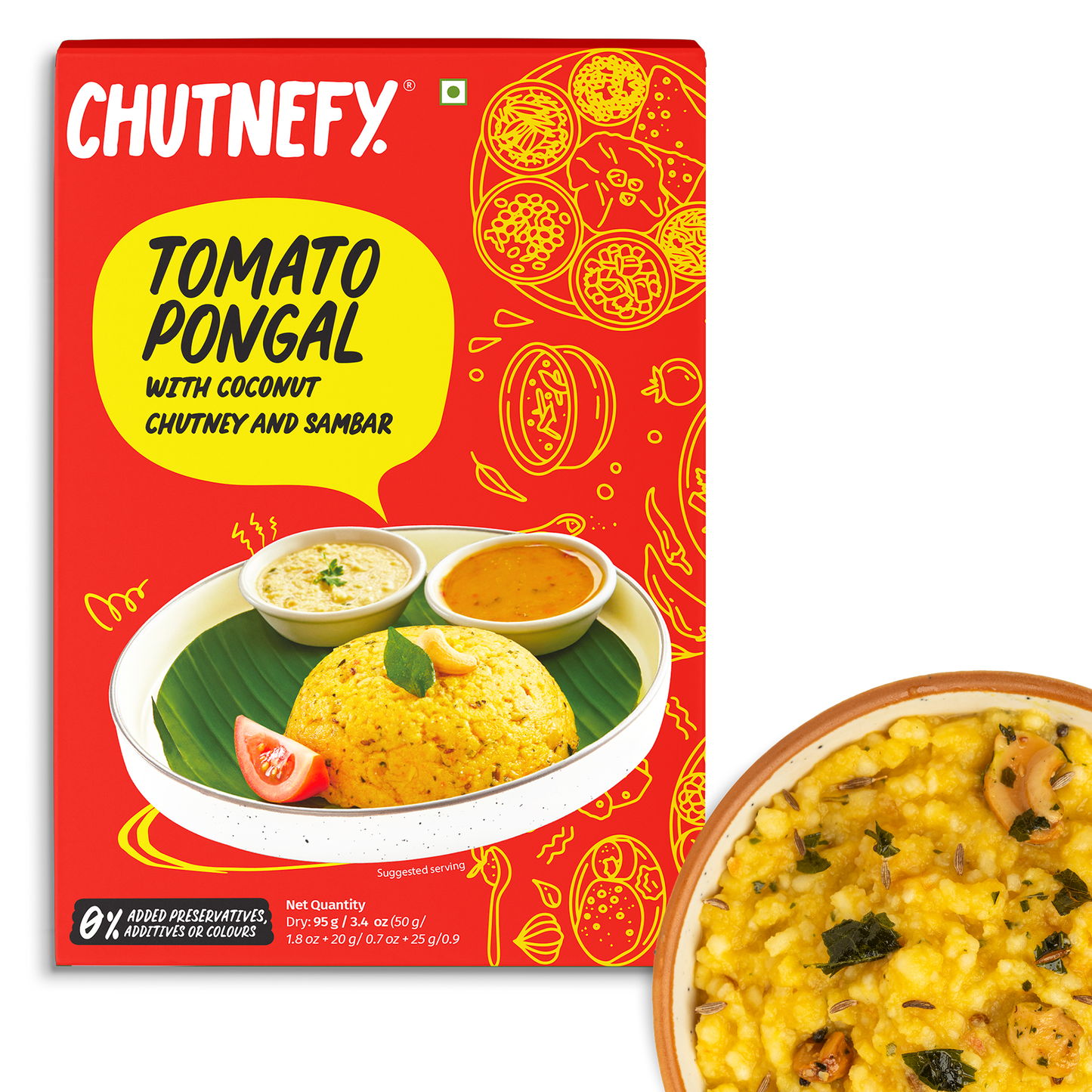 Tomato pongal with coconut chutney and sambar
