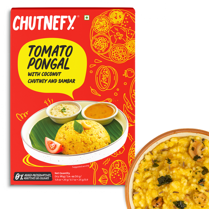 Tomato pongal with coconut chutney and sambar