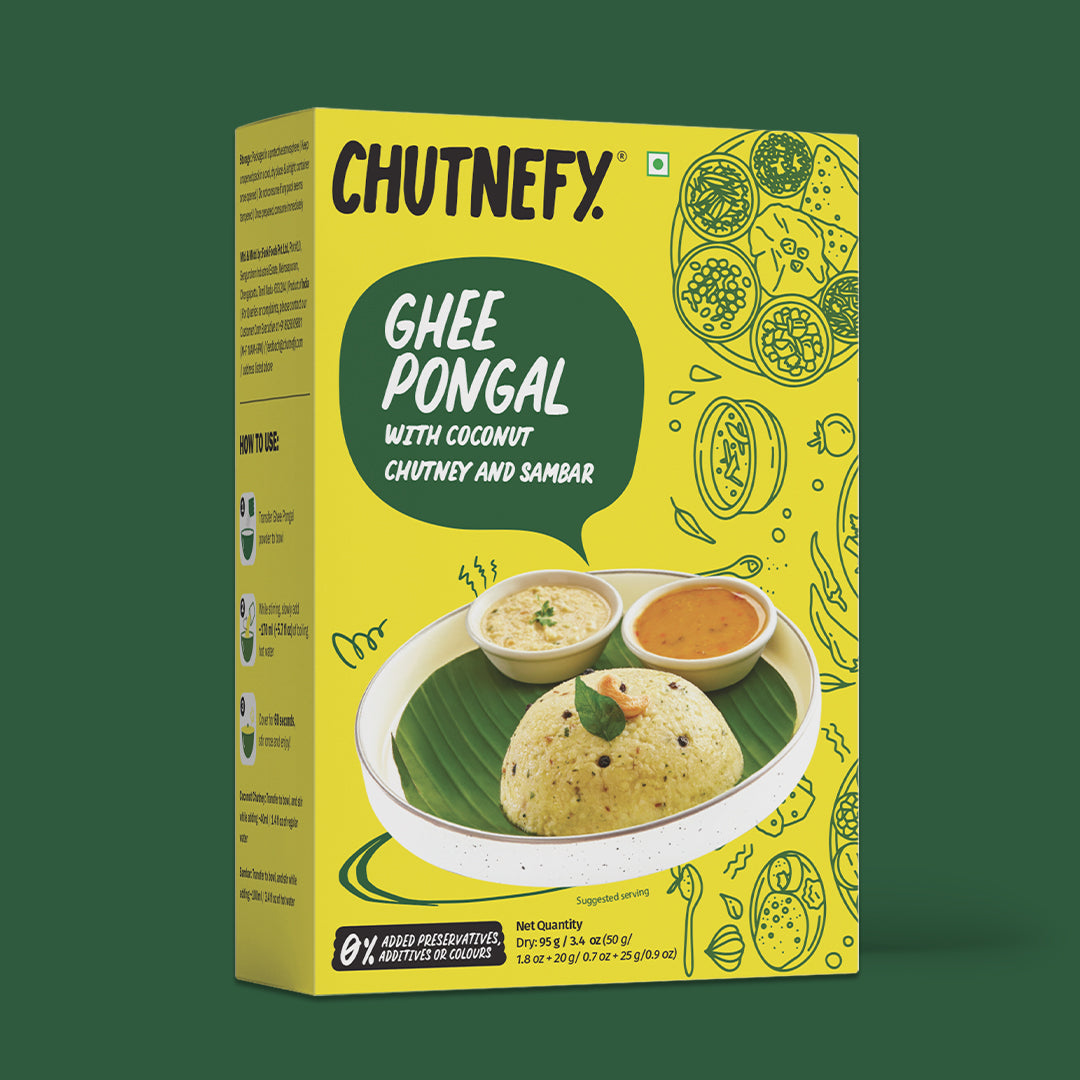 Ghee Pongal (With Coconut Chutney and Sambar) |  Serves 1-2